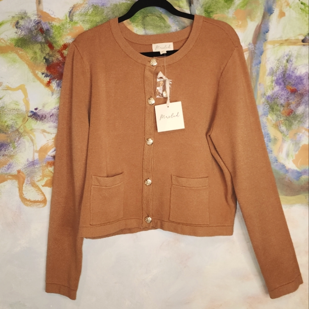 NWT Camel Colored Button Up Cardigan w/Silver Buttons and Front Pockets